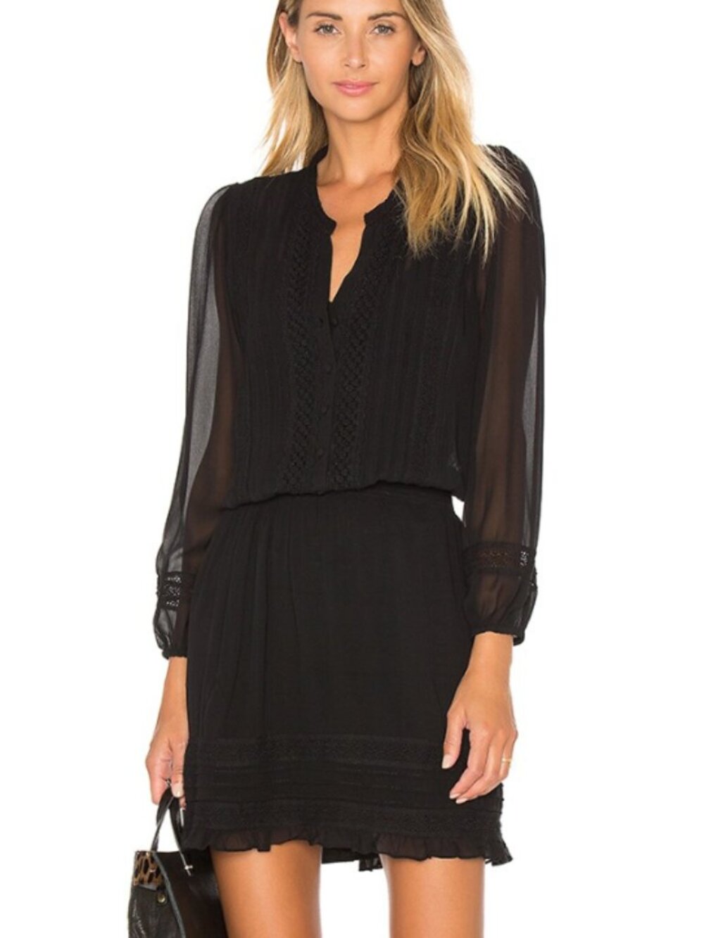 NWT Joie Pima Silk Dress Size XS Caviar Black Lace Trim Smocked Waist Boho Mini
